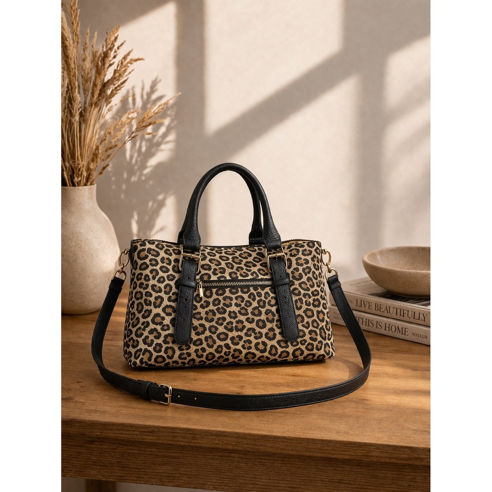 Linen Womens Leopard Print Canvas Satchel Crossbody Bag Black Tan Gold Tone